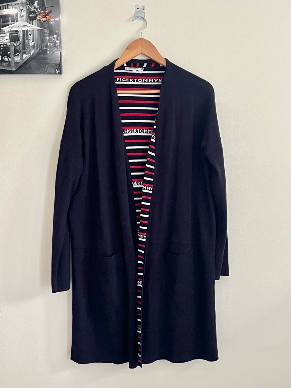 Tommy Hilfiger Navy Blue Long Open Front Cardigan Sweater - Size Medium to Large